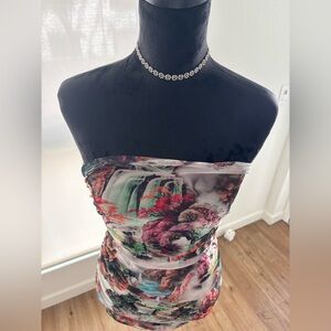 Fashion Nova Pink and Blue Ruched Strapless Bodycon Dress